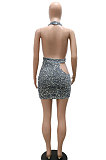 White Trendy Sexy V Collar Side Hollow Out Backless Halter Neck Sequins Zipper Mid Waist Mini Dress CCY9392-2