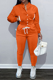 Orange Casual Preppy Velvet Long Sleeve Single-Breasted Jacket Jogger Pants Baseballs Suit TK6206-9