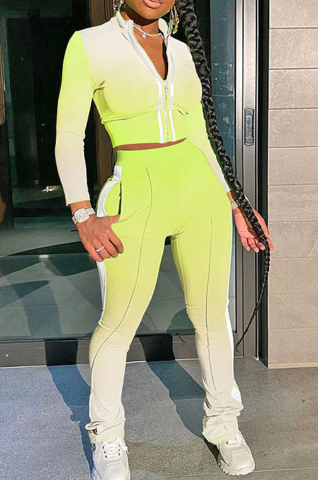 White Green Gradient Casual Stand Collar Side Stripe Spliced Long Sleeve Pants Sets SN390205-3