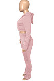 Pink Euramerican Velvet Hoodie Long Sleeve Zipper Pure Color Ruffle Pants Sets Q992-1
