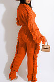 Orange Fashion Kintting Long Sleeve Round Neck Crop Tops Trousers Cute Tassel Suit TRS1186-5