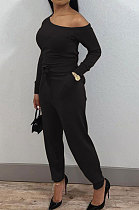 Black Modest Hypotenuse Neckline With Beltband Collect Waist Solid Color Jumpsuits SM9218-1