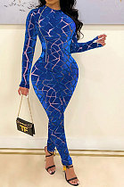 Blue Women's Velvet Zipper Long Sleeve Round Collar High Waist Bodycon Jumpsuits  SN390226 -2