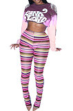 Pink Autumn Tie Dye Printing Tassel Sequins Dew Waist Top Bodycon Pants Sets Q986-1