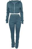 Brown Euramerican Velvet Hoodie Long Sleeve Zipper Pure Color Ruffle Pants Sets Q992-8
