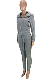 Grey Preppy New Long Sleeve Zipper Velvet Hoodie Jogger Pants Sports Suit SM9217-3