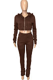 Khaki Euramerican Velvet Hoodie Long Sleeve Zipper Pure Color Ruffle Pants Sets Q992-6
