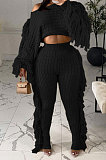 White Fashion Kintting Long Sleeve Round Neck Crop Tops Trousers Cute Tassel Suit TRS1186-2