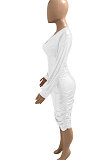 White Euramerican V Collar Glitter Club Bodycon Hip Sexy Midi Dress Q991-1