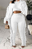 Black Fashion Kintting Long Sleeve Round Neck Crop Tops Trousers Cute Tassel Suit TRS1186-1
