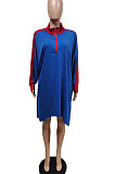 Royal Blue Preppy Matching Color Batwing Sleeve Loose Dress F88399-3