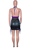 Blue Sexy Sequins Backless Contrast Color Condole Blet Bandage Deep V Collar Mini Dress SN390072-3