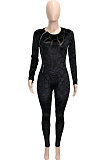 Black Women's Velvet Zipper Long Sleeve Round Collar High Waist Bodycon Jumpsuits  SN390226 -1