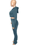 Dark Blue Euramerican Velvet Hoodie Long Sleeve Zipper Pure Color Ruffle Pants Sets Q992-9