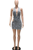 Gray Trendy Sexy V Collar Side Hollow Out Backless Halter Neck Sequins Zipper Mid Waist Mini Dress CCY9392-1