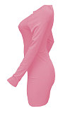 Pink Women Autumn Long Sleeve Hollow Out Ribber Bodycon Mini Dress Q985-2