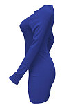 Royal Blue Women Autumn Long Sleeve Hollow Out Ribber Bodycon Mini Dress Q985-5