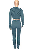 Dark Blue Euramerican Velvet Hoodie Long Sleeve Zipper Pure Color Ruffle Pants Sets Q992-9