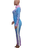 Purple Blue Gradient Casual Stand Collar Side Stripe Spliced Long Sleeve Pants Sets SN390205-2