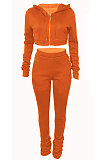 Khaki Euramerican Velvet Hoodie Long Sleeve Zipper Pure Color Ruffle Pants Sets Q992-6