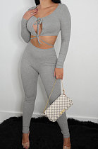 Grey Sexy Women's Long Sleeve Lace-Up Crop Tops Skinny Pants Solid Color Suit LWW9325-2