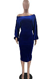 Royal Blue Women's Velvet A Word Shoulder Solid Color Bodycon Midi Dress MF6660-1