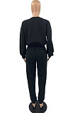 Black Casual Preppy Long Sleeve V Neck Bandage Tops Jogger Pants Solid Color Suit SYY8072-2