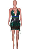 Green Sexy Sequins Backless Contrast Color Condole Blet Bandage Deep V Collar Mini Dress SN390072-2
