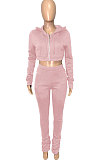 Pink Euramerican Velvet Hoodie Long Sleeve Zipper Pure Color Ruffle Pants Sets Q992-1