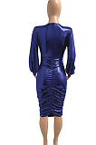 Blue Euramerican V Collar Glitter Club Bodycon Hip Sexy Midi Dress Q991-5
