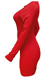 Red Women Autumn Long Sleeve Hollow Out Ribber Bodycon Mini Dress Q985-3