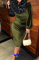 Green Women's Velvet A Word Shoulder Solid Color Bodycon Midi Dress MF6660-3
