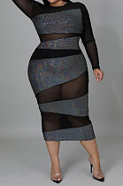 Black Sexy Fat Women's Mesh Spliced See-Through Slim Fitting Dress QZ7009