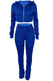 Navy Blue Euramerican Velvet Hoodie Long Sleeve Zipper Pure Color Ruffle Pants Sets Q992-7