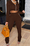 Orange Euramerican Velvet Hoodie Long Sleeve Zipper Pure Color Ruffle Pants Sets Q992-2