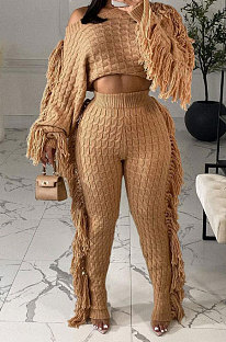 Apricot Fashion Kintting Long Sleeve Round Neck Crop Tops Trousers Cute Tassel Suit TRS1186-4