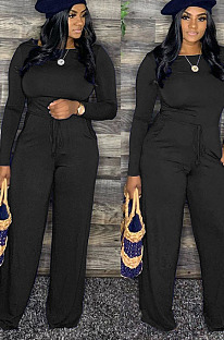 Black Cotton Blend Women's Long Sleeve Round Neck Plain Wide Leg Jumpsuits MMS5059-4