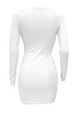 White Women Autumn Long Sleeve Hollow Out Ribber Bodycon Mini Dress Q985-1