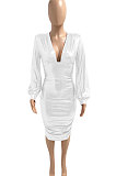 White Euramerican V Collar Glitter Club Bodycon Hip Sexy Midi Dress Q991-1