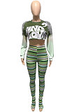 Green Autumn Tie Dye Printing Tassel Sequins Dew Waist Top Bodycon Pants Sets Q986-2