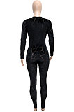 Black Women's Velvet Zipper Long Sleeve Round Collar High Waist Bodycon Jumpsuits  SN390226 -1