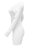 White Women Autumn Long Sleeve Hollow Out Ribber Bodycon Mini Dress Q985-1