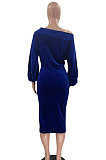 Peacock Blue Women's Velvet A Word Shoulder Solid Color Bodycon Midi Dress MF6660-7