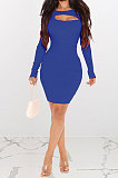 Red Women Autumn Long Sleeve Hollow Out Ribber Bodycon Mini Dress Q985-3