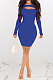 Royal Blue Women Autumn Long Sleeve Hollow Out Ribber Bodycon Mini Dress Q985-5