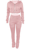Brown Euramerican Velvet Hoodie Long Sleeve Zipper Pure Color Ruffle Pants Sets Q992-8