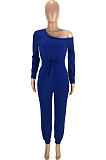 Royal Blue Modest Hypotenuse Neckline With Beltband Collect Waist Solid Color Jumpsuits SM9218-3