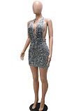 White Trendy Sexy V Collar Side Hollow Out Backless Halter Neck Sequins Zipper Mid Waist Mini Dress CCY9392-2