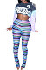Blue Autumn Tie Dye Printing Tassel Sequins Dew Waist Top Bodycon Pants Sets Q986-3