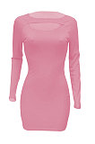 Pink Women Autumn Long Sleeve Hollow Out Ribber Bodycon Mini Dress Q985-2